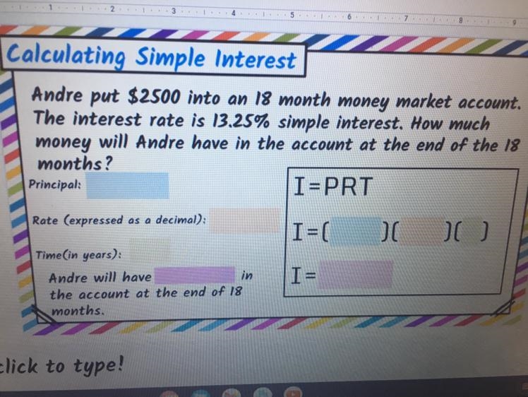 Andre put $2500 into an 18 month money market account. The interest rate is 13.25% simple-example-1