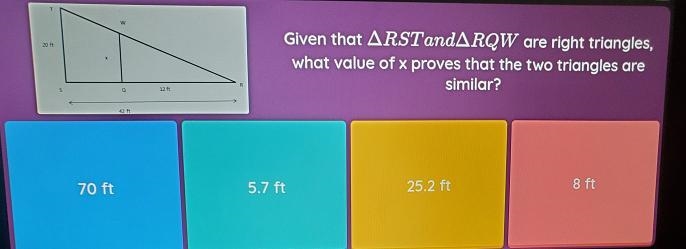 Given that ARSTandARQW are right triangles, what value of x proves that the two triangles-example-1