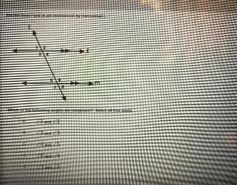 Parallel lines I and m are intersected by transversal t.123456m78Which of the following-example-1