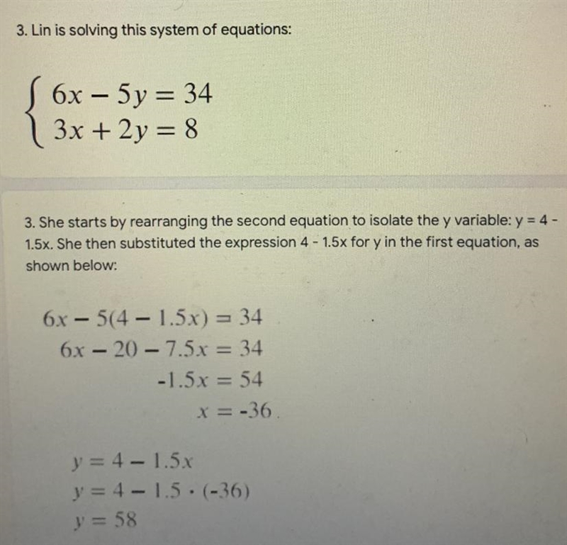 3. Lin is solving this system of equations:S 6x – 5y = 343x + 2y = 83. She starts-example-1