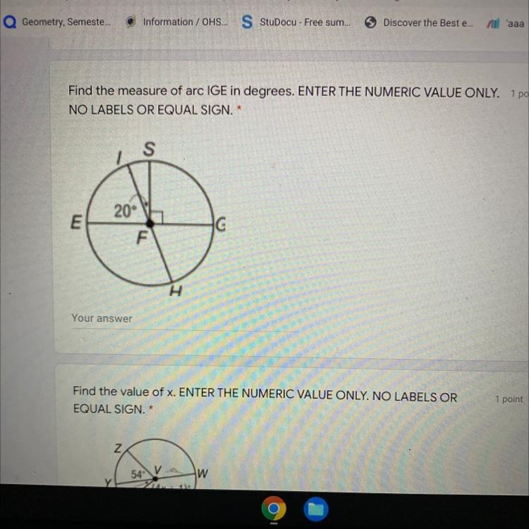 Find the measurement of arc IGE in degrees. ENTER THE NUMERIC VALUE ONLY NO LABELS-example-1