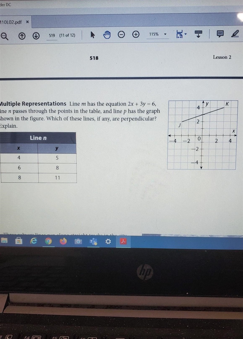 Line m has the equation 2x + 3y = 6, line n passes through the points in the table-example-1