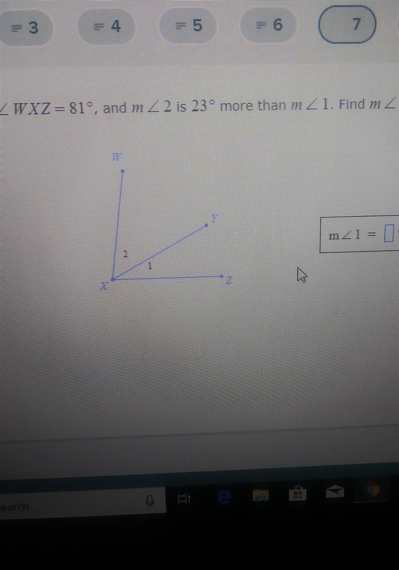 M WXZ=81°, and m 2 is 23° more than m 1. Find m 1.-example-1