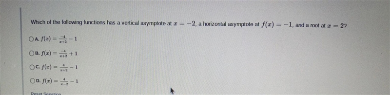 Which of the following functions has a vertical asymptote at a = -2, a horizontal-example-1