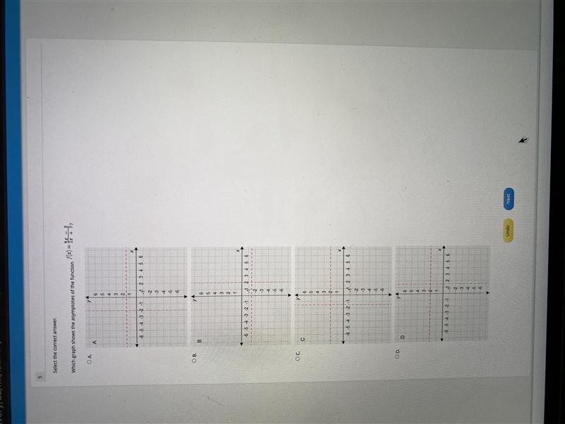 Need help ASAP Which graph shows the asymptotes of the function f(x)= 4x-8 _____ 2x-example-1