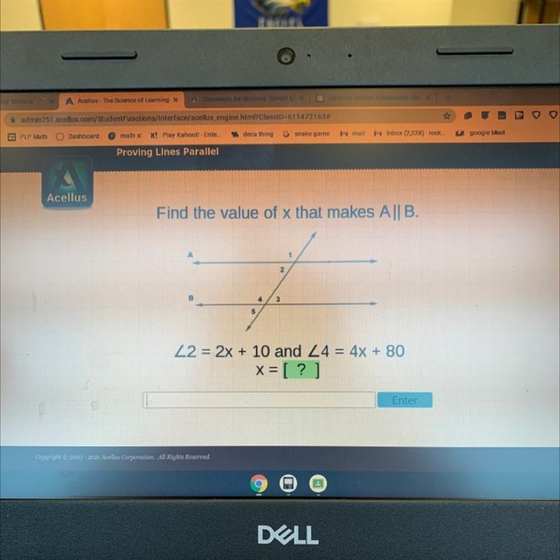 Find the value of x that makes A || B.12B В43522 = 2x + 10 and 24 = 4x + 80x = [ ? ]-example-1