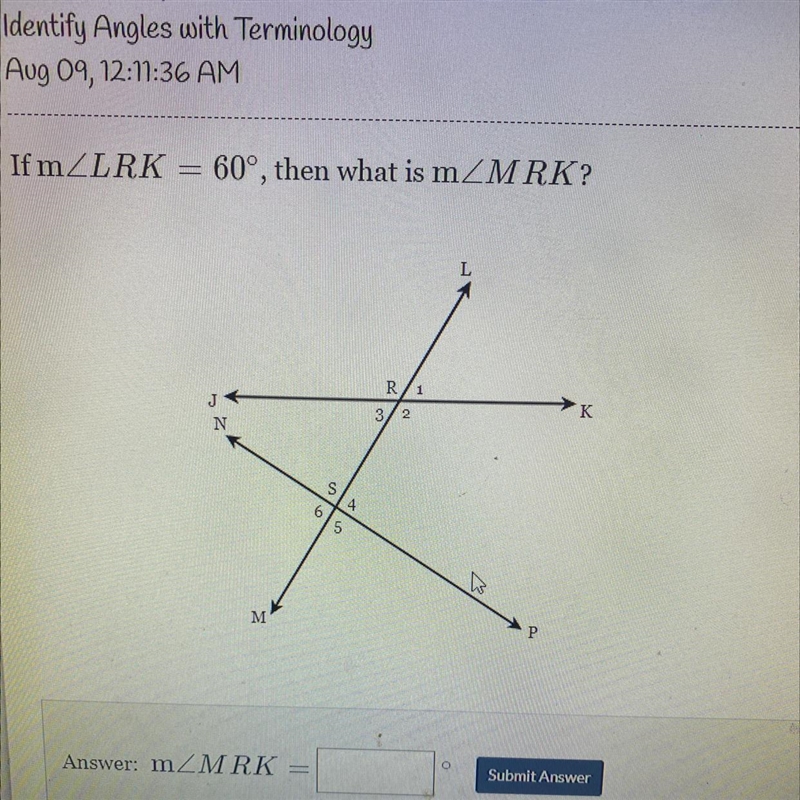 If M-angle LRK=60 degrees Then what is m angle MRK-example-1