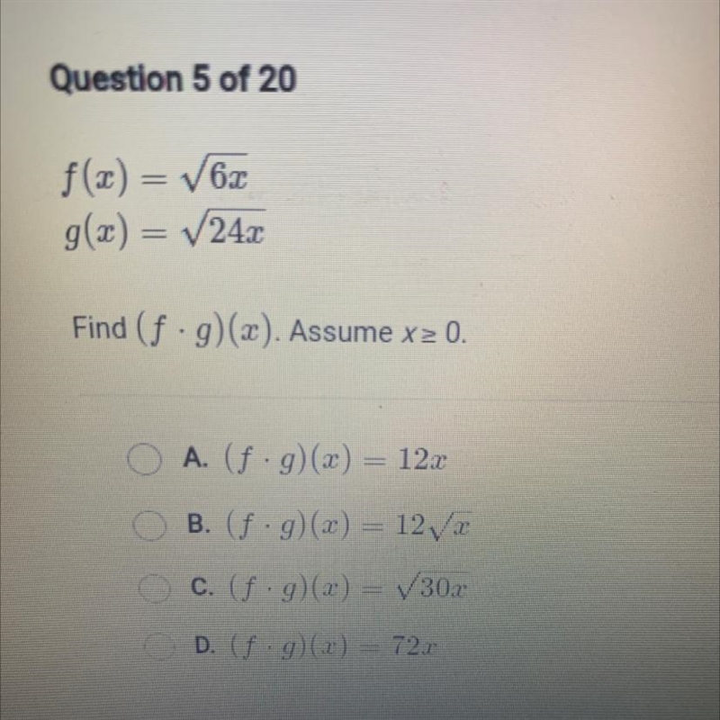 F(x) = square root 6xg(x) = square root 24xFind (f•g)(x). Assume x greater than or-example-1