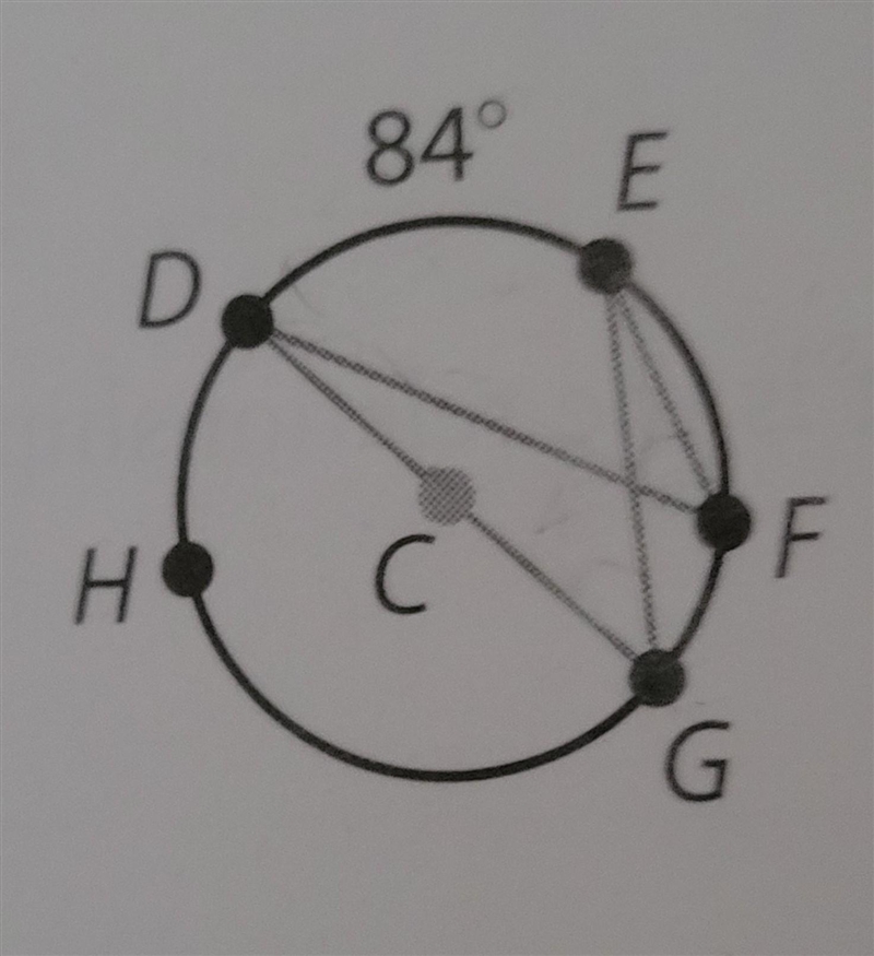 In circle C, mDE = 84°. Find each measure. 1. measure of angle EFD​-example-1