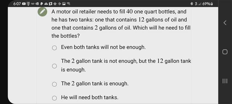 a motor oil retailer needs to fill 40 one quart bottles, and he has two tanks: one-example-1