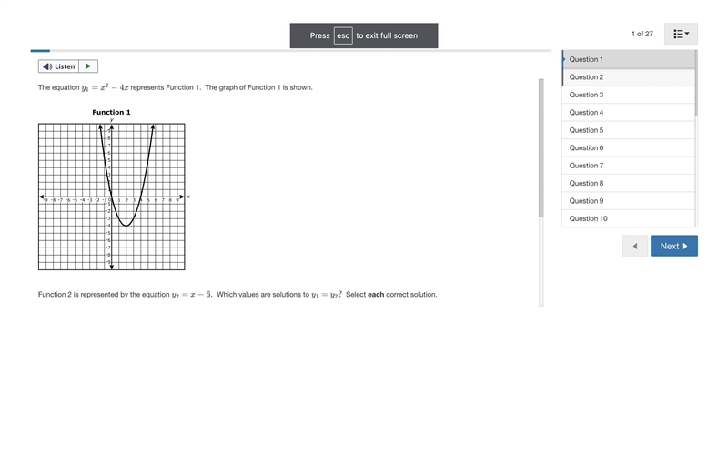 The equation y1=x2−4x represents Function 1. The graph of Function 1 is shown.The-example-1