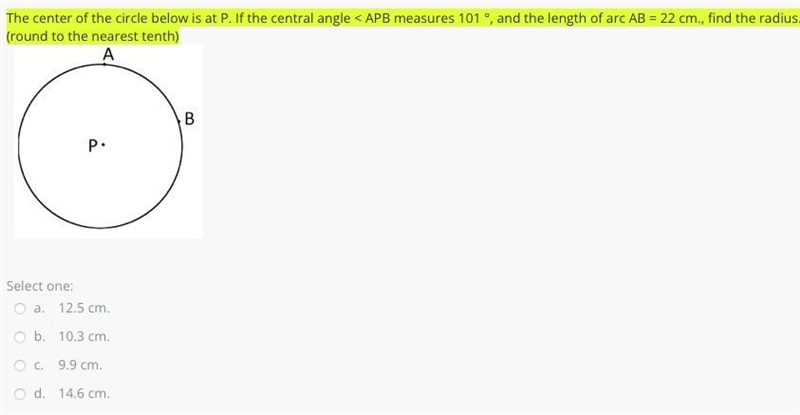 The center of the circle below is at P. If the central angle < APB measures 101 °, and-example-1