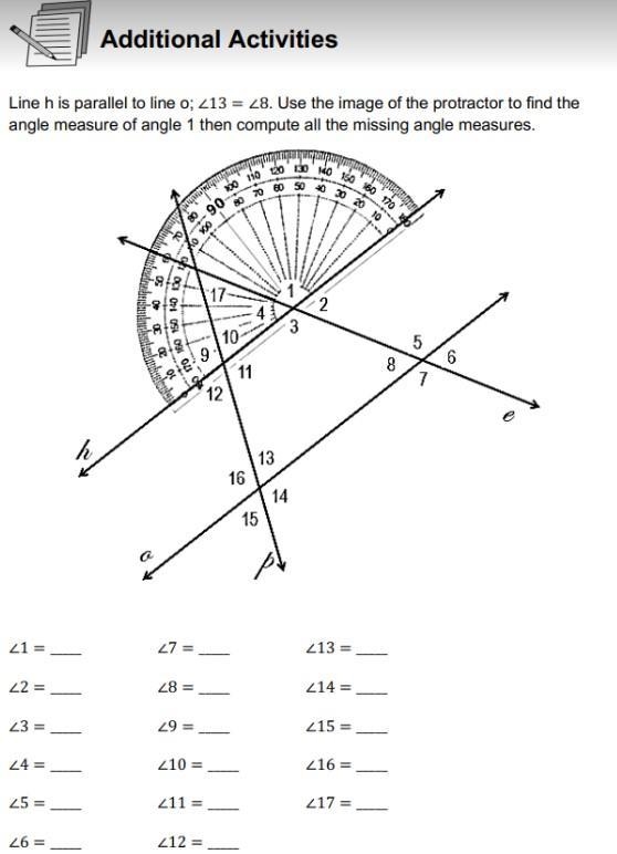 line h is parallel to line 0; ∠13 = ∠8 use the image of the protractor to find the-example-1