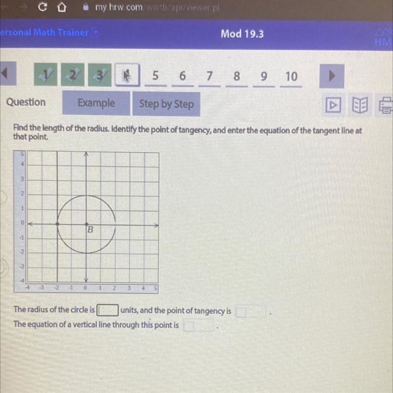 Find the length of the radius. Identify the point of tangency, and enter the equation-example-1