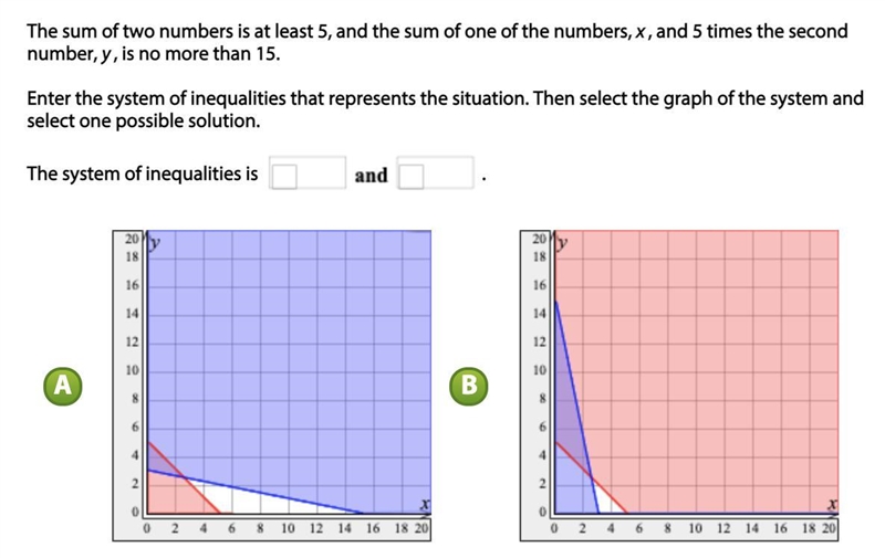 The sum of two numbers is at least 5, and the sum of one of the numbers, x, and 5 times-example-2