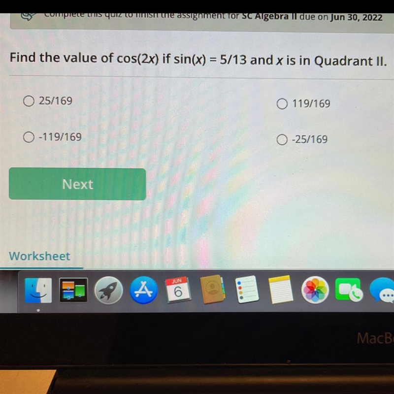 Find the value of cos(2x) if sin(x) = 5/13 and x is in Quadrant II.-example-1