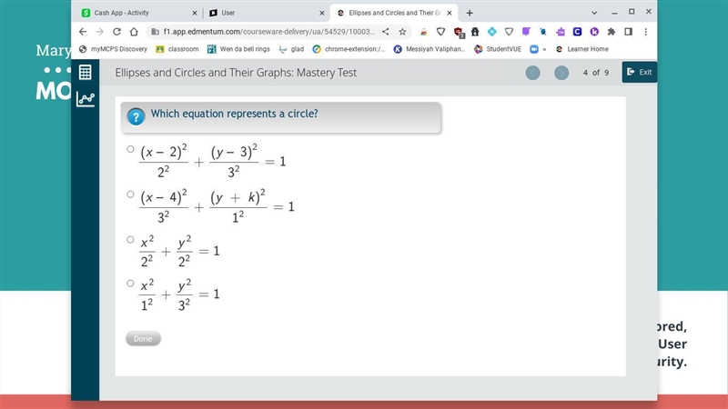 Which equation represents a circle? (x – 2)222+(y – 3)232=1 (x – 4)232+(y + k)212=1 x-example-1