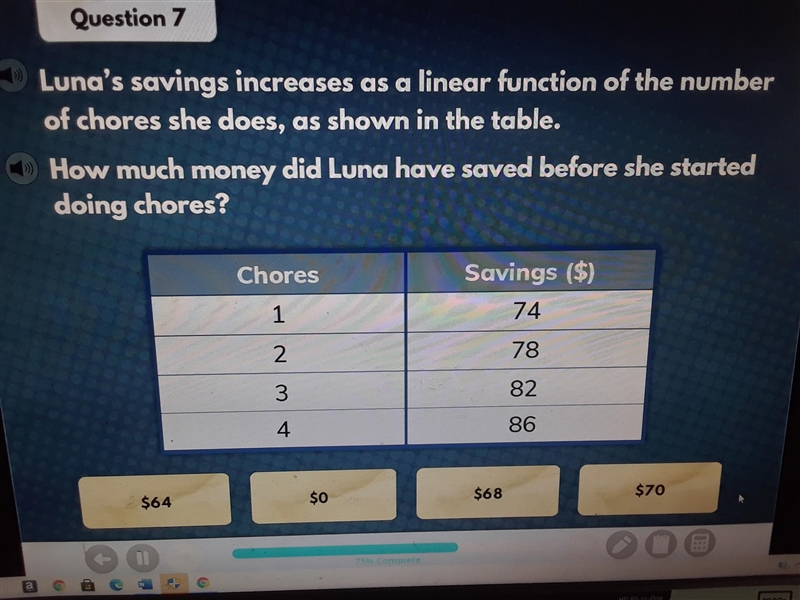 Luna's savings increases as a linear function of the number of chores she does, as-example-1