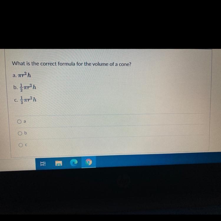 What is the correct formula for the volume of a cone? Is the correct answer option-example-1