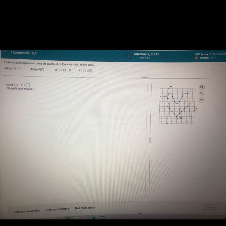 Evaluate each expression using the graphs of y=f(x) and y = g(x) shown below.(a) (gof-example-1