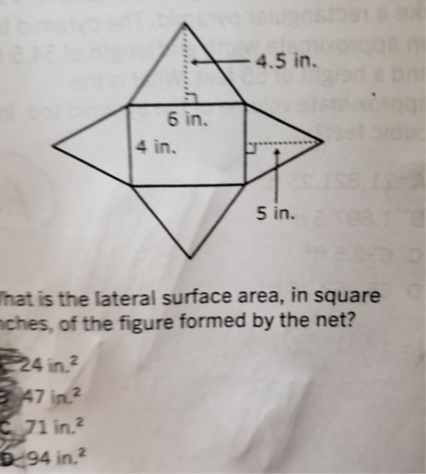 Look at the net. what is the lateral surface area, in square inches, of the figure-example-1