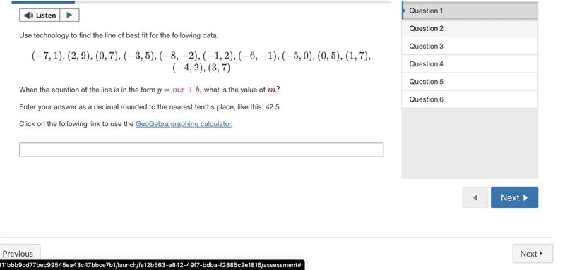 Use technology to find the line of best fit for the following data. (−7,1), (2,9), (0,7), (−3,5), (−8,−2), (−1,2), (−6,−1), (−5,0), (0,5), (1,7), (−4,2), (3,7) When-example-1