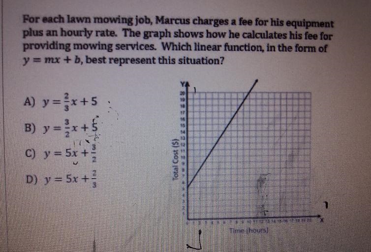 For each lawn mowing job, Marcus charges a fee for his equipment plus an hourly rate-example-1