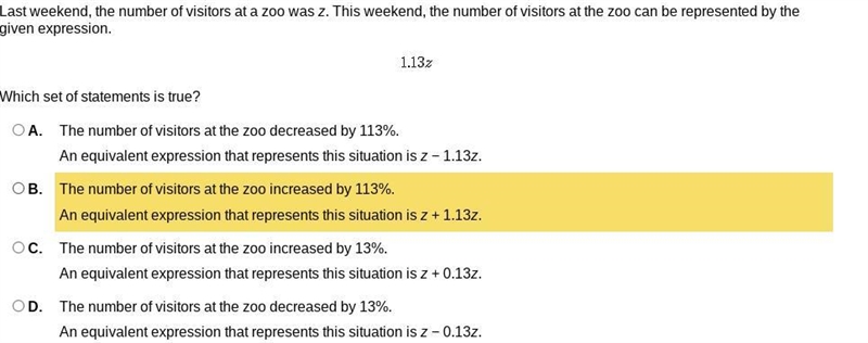 Last weekend, the number of visitors at a zoo was z. This weekend, the number of visitors-example-1