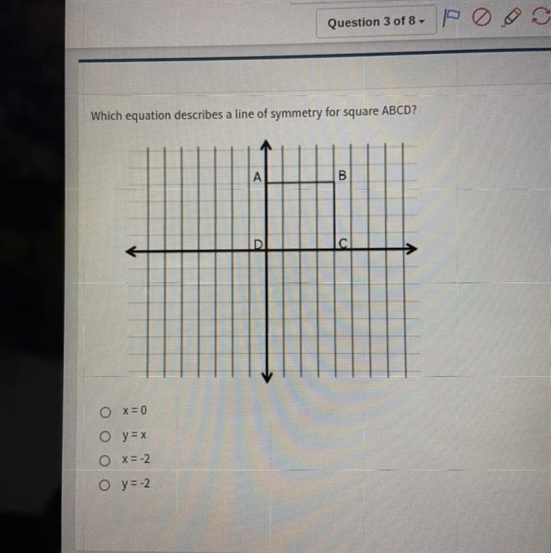 Which equation describes a line of symmetry for square ABCD? x = 0 y = x x = -2 y-example-1