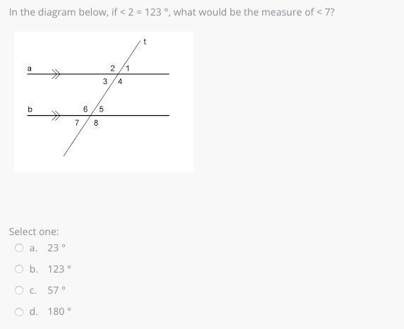 In the diagram below, if < 2 = 123 °, what would be the measure of < 7?-example-1