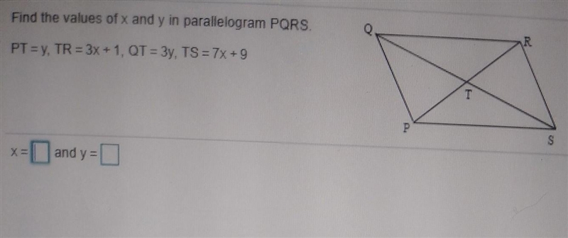 Find the values of x and y in parallelogram PQRS.-example-1