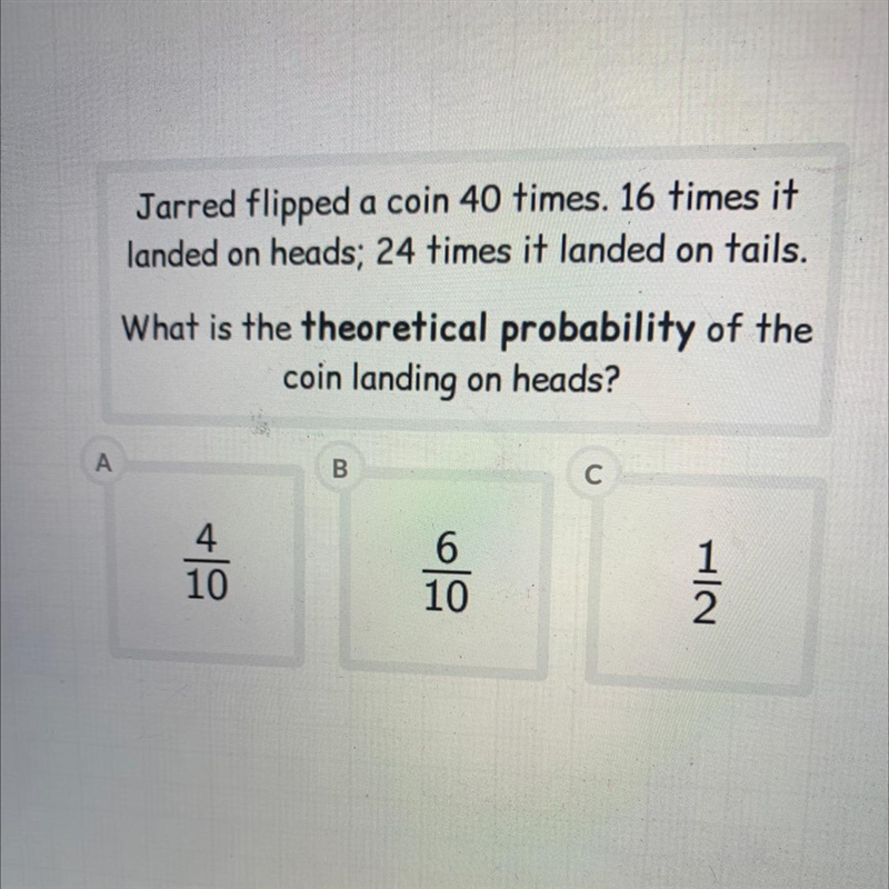 Jarred flipped a coin 40 times. 16 times itlanded on heads; 24 times it landed on-example-1