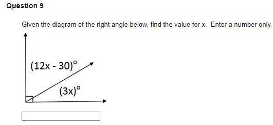 Given the diagram of the right angle below, find the value for x. Enter a number only-example-1