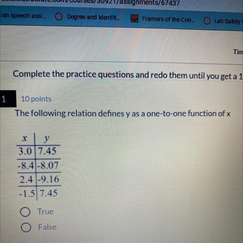 The following relation defines y as a one-to-one function of x x y3.0 7.45-8.4 -8.072.4 -9.16-1.5 7.45TrueFalse-example-1