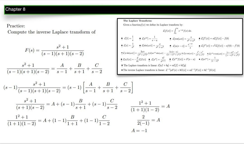 Chapter 8 Practice: Compute the inverse Laplace transform of F(s) = (s² +1)/((s-1)(s-example-1