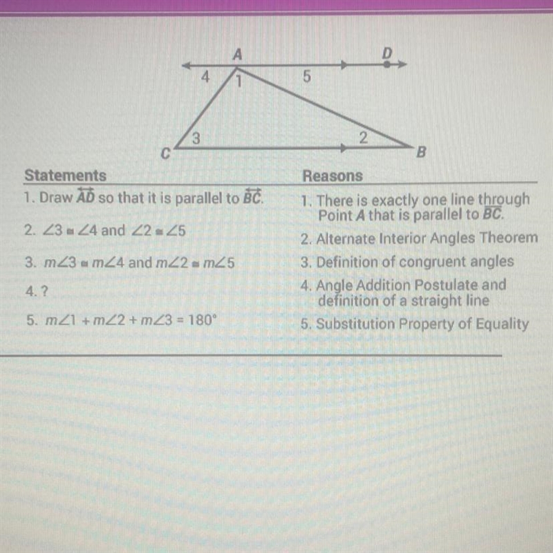 Luis is proving that the sum of the measures of the interior angles of a triangle-example-1