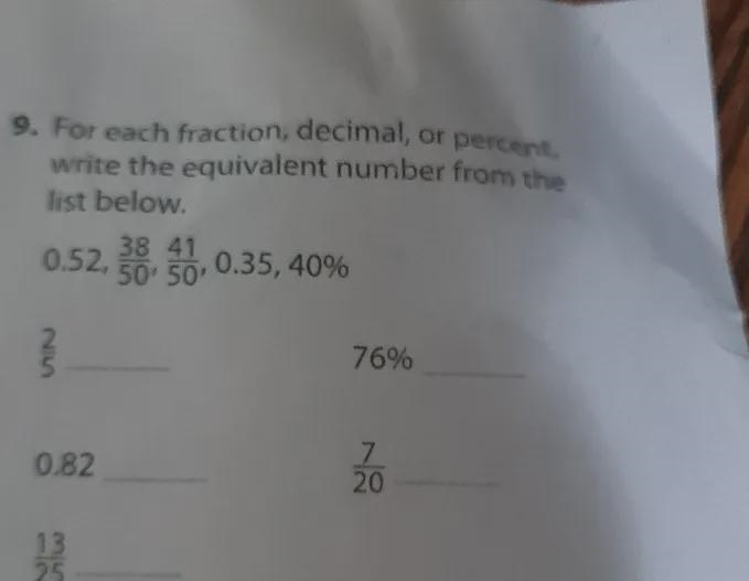 9. For each fraction, decimal, or percent, write the equivalent number from the list-example-1