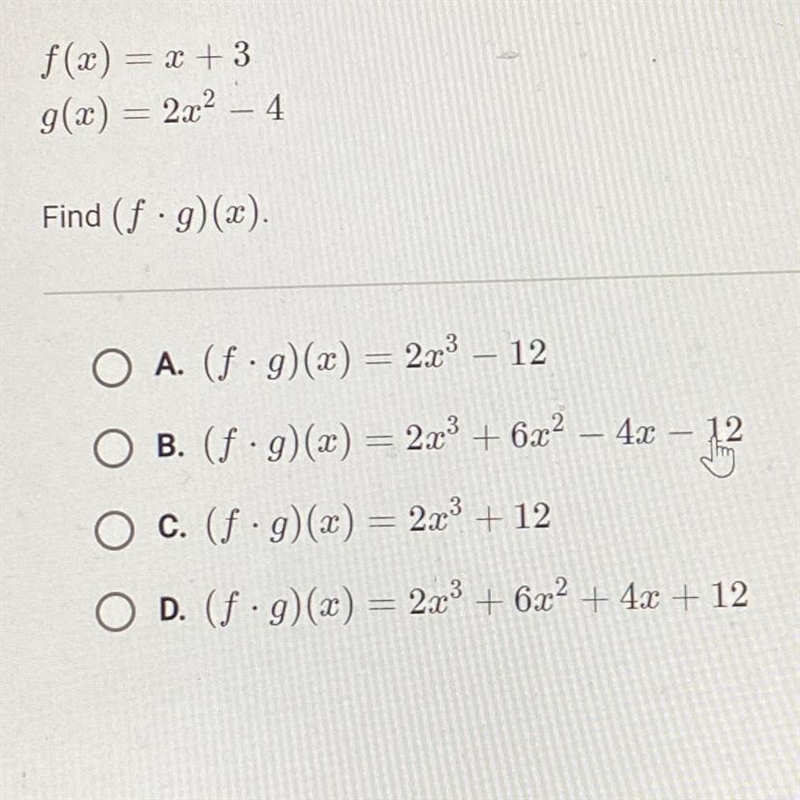 F(x) = x + 3g(x) = 2x2 - 4Find (f ·g)(x)-example-1