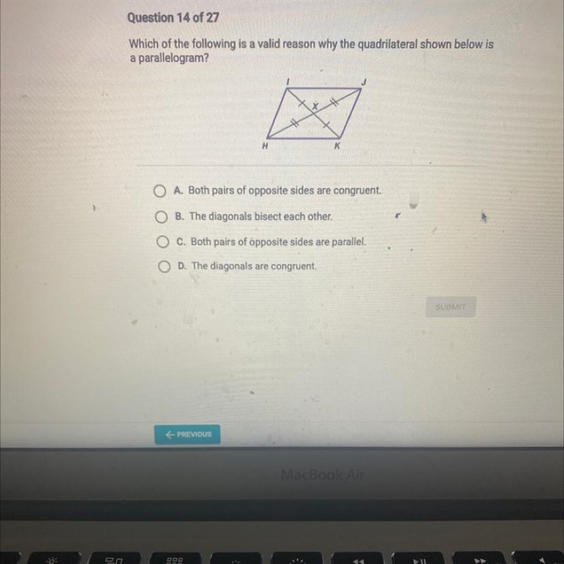 Which of the following is valid reason why the quadrilateral shown is a parallelogram-example-1