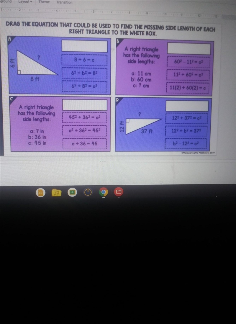 DRAG THE EQUATION THAT COULD BE USED TO FIND THE MISSING SIDE LENGTH OF EACH RIGHT-example-1