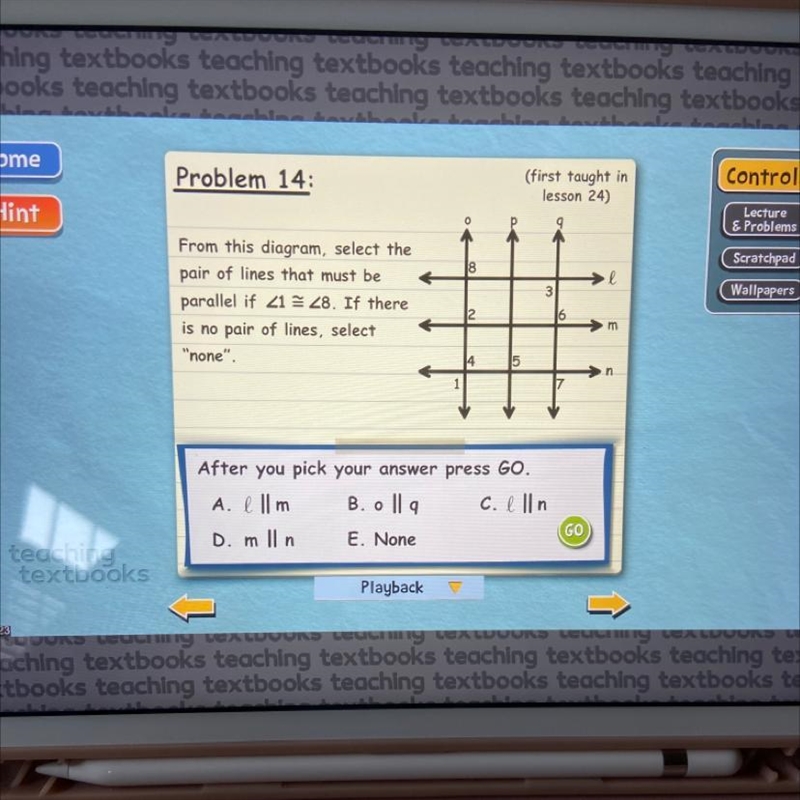 From this diagram, select the pair of lines that must be parallel if angle 1 is congruent-example-1