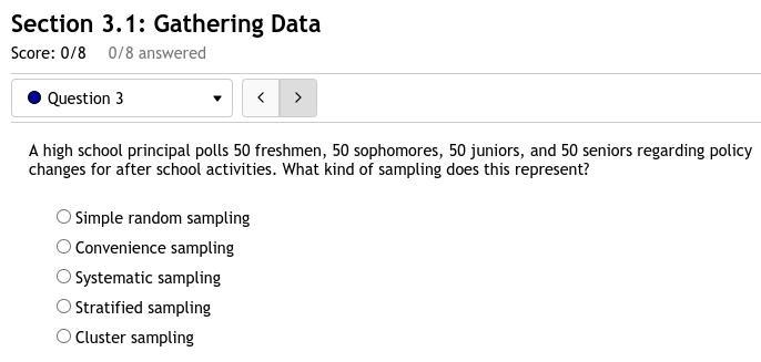 3. A high school principal polls 50 freshmen, 50 sophomores, 50 juniors, and 50 seniors-example-1