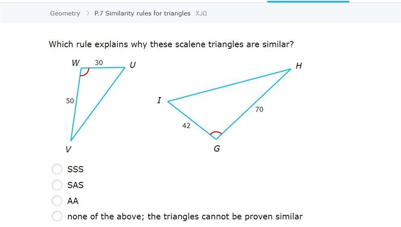 Which rule explains why these scalene triangles are similar?-example-1