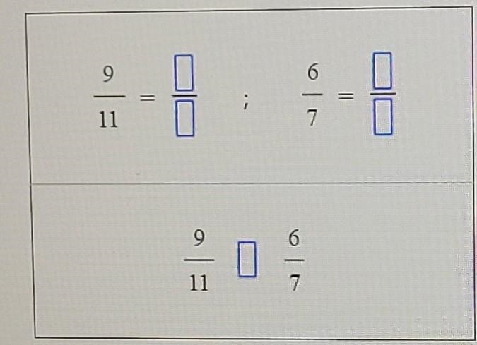 Rewrite 9/11 and 6/7 so that they have a common denominator.Then use <, =, or &gt-example-1