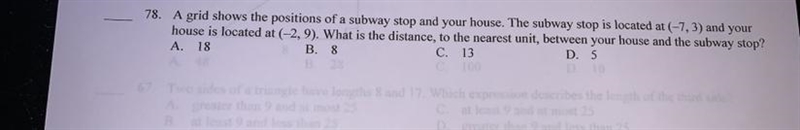 78. A grid shows the positions of a subway stop and your house. The subway stop is-example-1