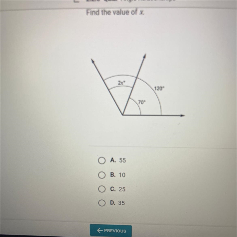 Find the value of x. 2x 70 120-example-1