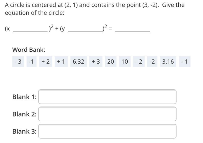 A circle is centered at (2, 1) and contains the point (3,-2). Give the equation of-example-1