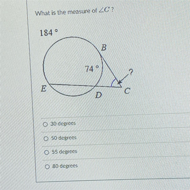 What is the measure of ZC? 184° B E O 30 degrees O 50 degrees O 55 degrees O 80 degrees-example-1