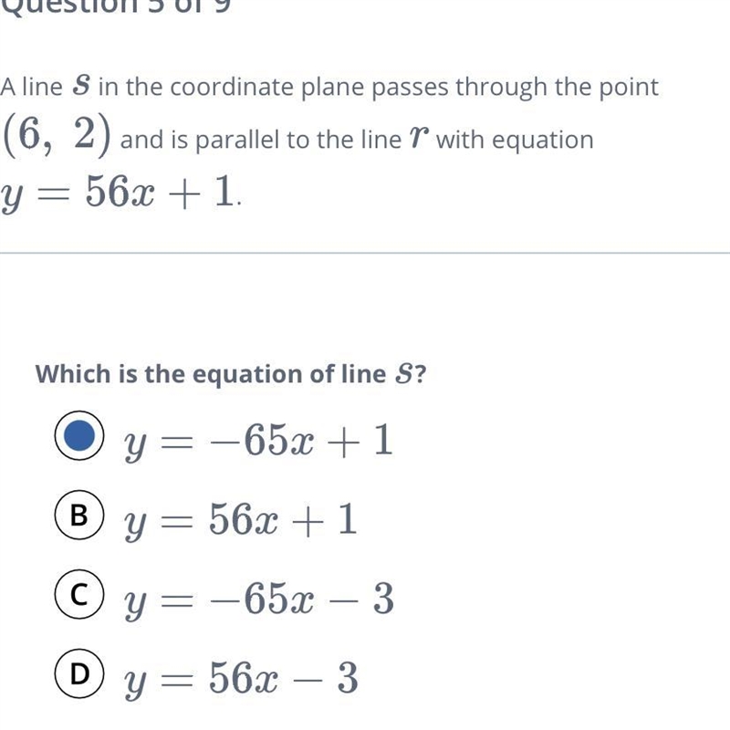 A line in the coordinate plane passes through the point and is parallel to the line-example-1