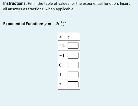 Instructions: Fill in the table of values for the exponential function. Insert all-example-1